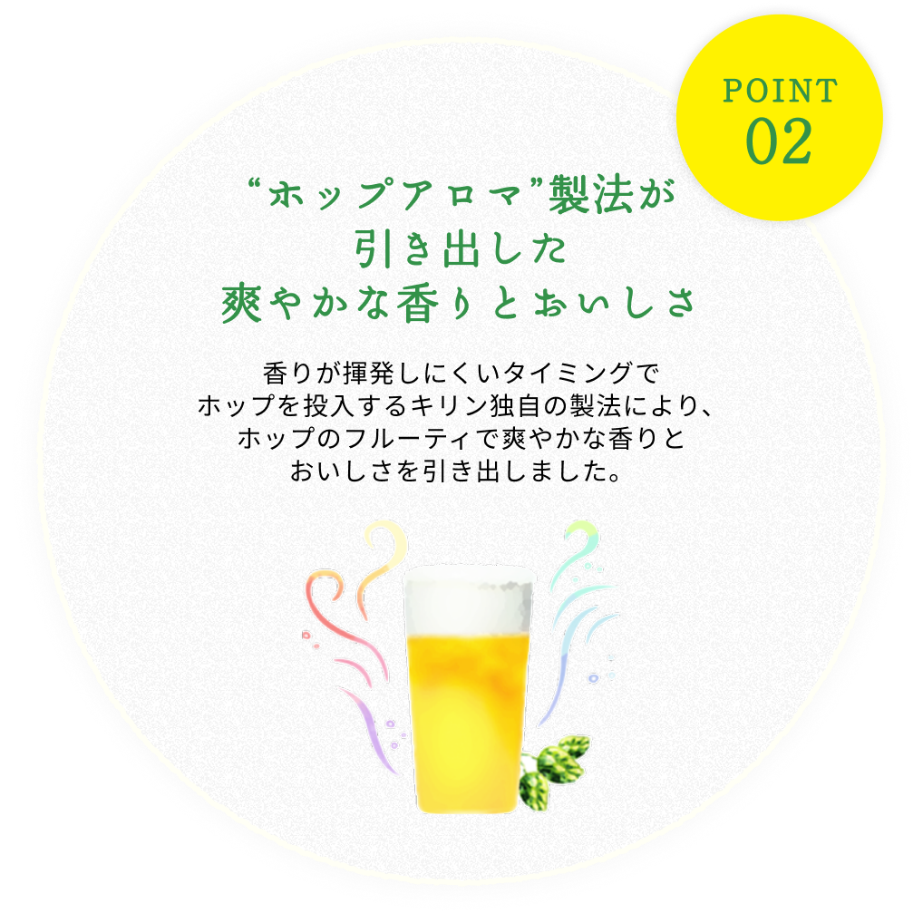 POINT02 `ホップアロマ`製法が引き出した爽やかな香りとおいしさ 香りが揮発しにくいタイミングでホップを投入するキリン独自の製法により、ホップのフルーティで爽やかな香りとおいしさを引き出しました。