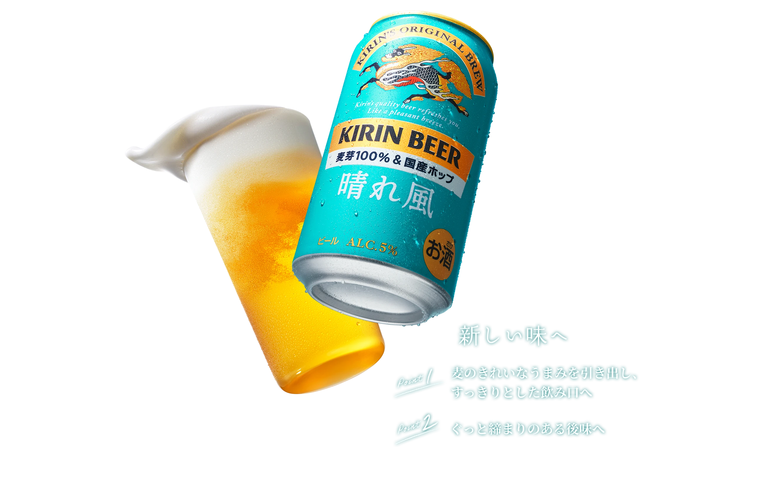 新 KIRIN BEER 麦芽100%&国産ホップ 晴れ風 ますます晴れやかに 新しい味へ Point1 麦のきれいなうまみを引き出し、すっきりとした飲み口へ Point2 ぐっと締まりのある後味へ