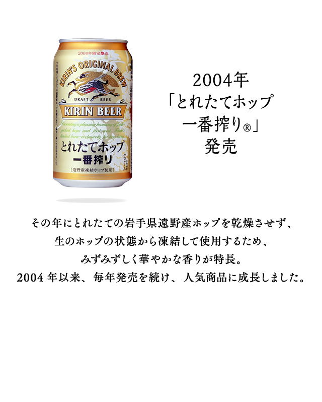 2004年 「とれたてホップ一番搾り®」発売 その年にとれたての岩手県遠野産ホップを乾燥させず、生のホップの状態から凍結して使用するため、みずみずしく華やかな香りが特長。2004年以来、毎年発売を続け、人気商品に成長しました。