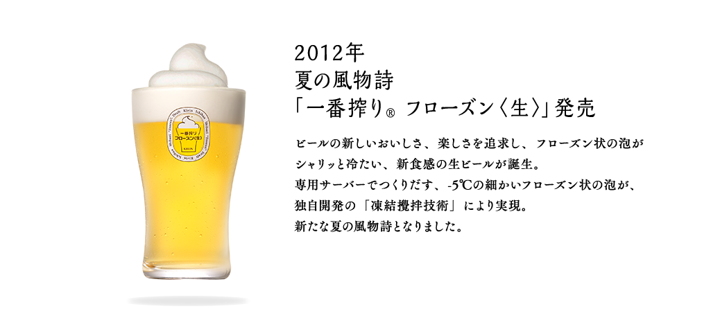 2012年 夏の風物詩「一番搾り® フローズン〈生〉」発売　ビールの新しいおいしさ、楽しさを追求し、フローズン状の泡がシャリッと冷たい、新食感の生ビールが誕生。専用サーバーでつくりだす、-5℃の細かいフローズン状の泡が、独自開発の「凍結攪拌技術」により実現。新たな夏の風物詩となりました。