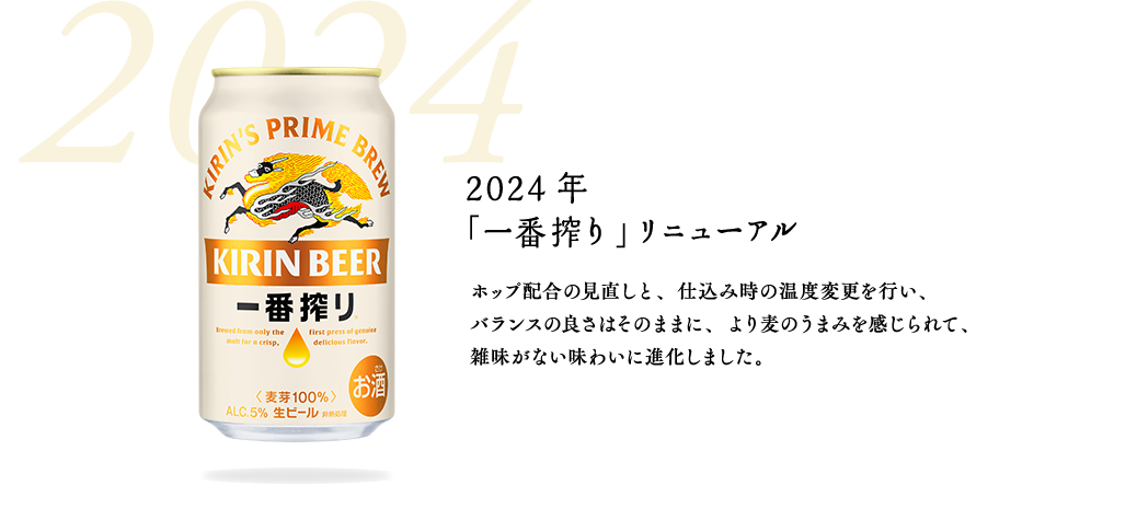 2024年  「一番搾り」リニューアル　ホップ配合の見直しと、仕込み時の温度変更を行い、バランスの良さはそのままに、より麦のうまみを感じられて、雑味がない味わいに進化しました。