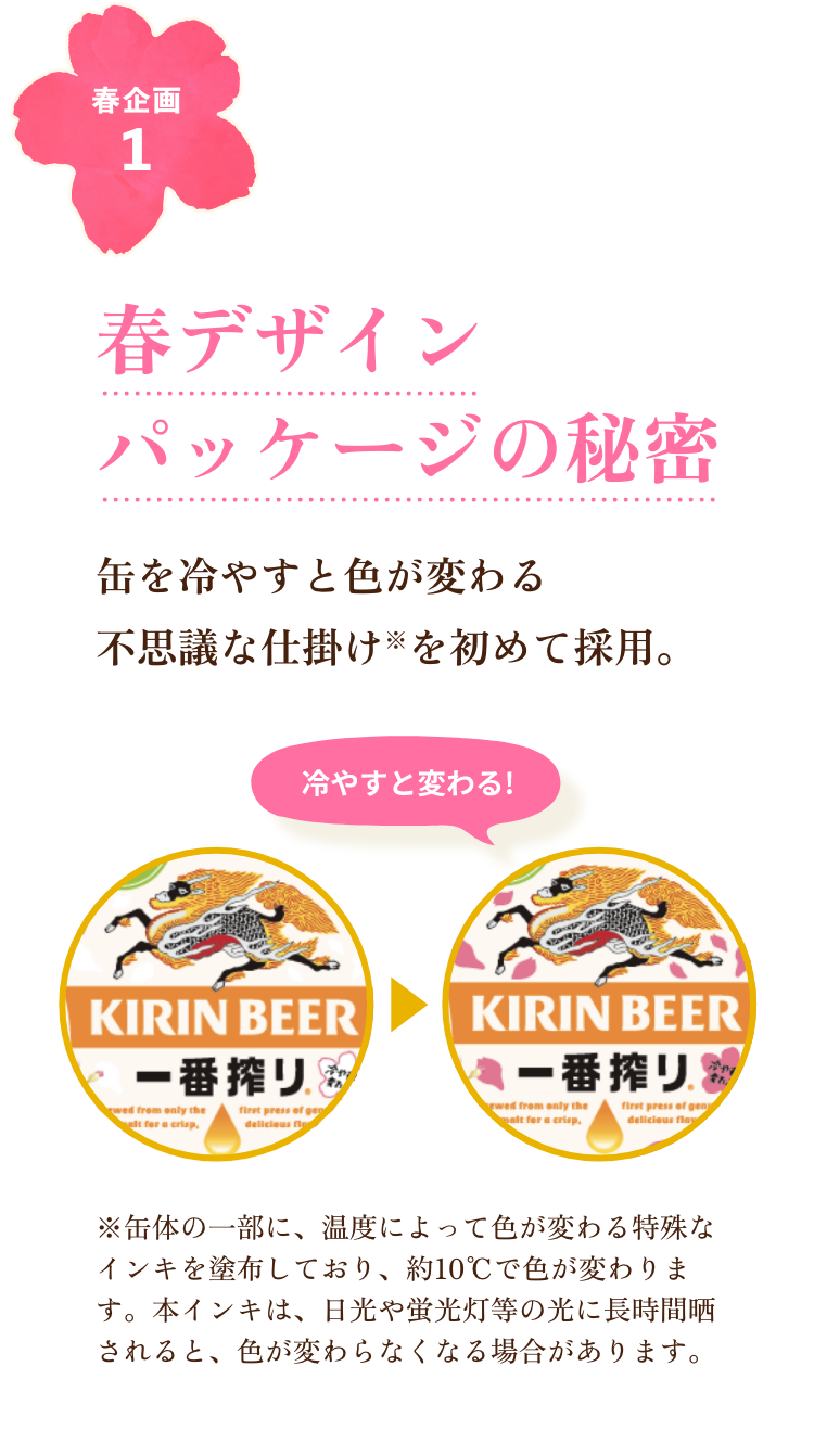 春企画1 春デザインパッケージの秘密 缶を冷やすと色が変わる不思議な仕掛け※を初めて採用。 冷やすと変わる! 常温時 冷蔵時 ※缶体の一部に、温度によって色が変わる特殊なインキを塗布しており、約10℃で色が変わります。本インキは、日光や蛍光灯等の光に長時間晒されると、色が変わらなくなる場合があります。