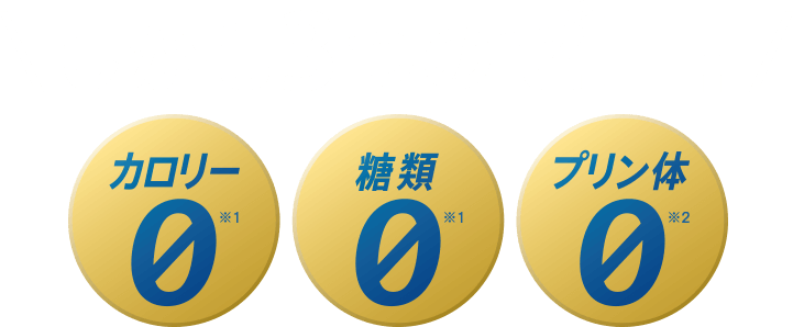 しかも3つのゼロ！カロリー0 ※1、糖類0 ※2、プリン体0 ※3