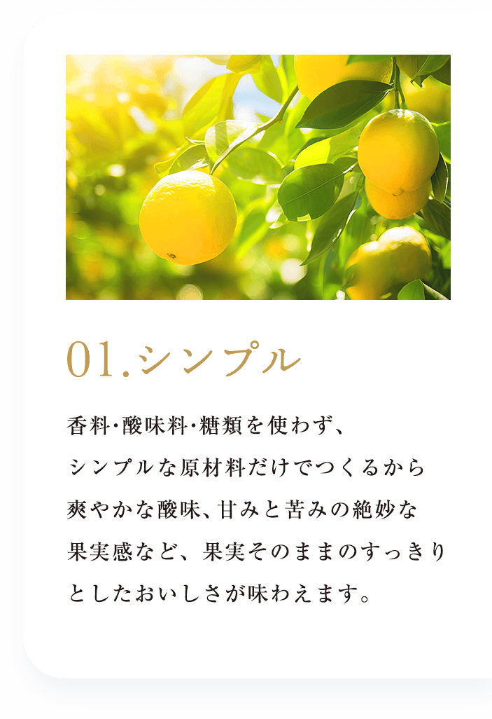 01.シンプル：香料・酸味料・糖類を使わず、シンプルな原材料だけでつくるから爽やかな酸味、甘みと苦みの絶妙な果実感など、果実そのままのすっきりとしたおいしさが味わえます。