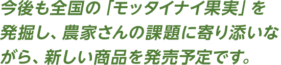 今後も全国の「モッタイナイ果実」を発掘し、農家さんの課題に寄り添いながら、新しい商品を発売予定です。