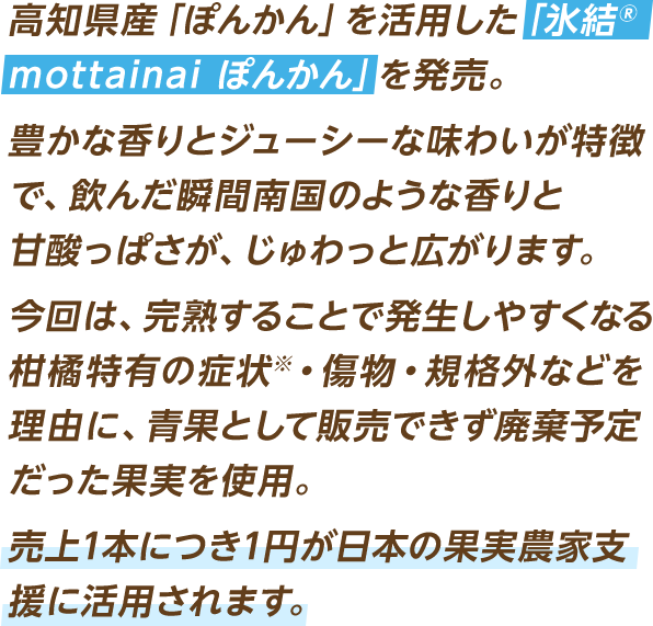 高知県産「ぽんかん」を活用した「氷結®mottainai ぽんかん」を発売。豊かな香りとジューシーな味わいが特徴で、飲んだ瞬間南国のような香りと甘酸っぱさが、じゅわっと広がります。今回は、完熟することで発生しやすくなる柑橘特有の症状※・傷物・規格外などを理由に、青果として販売できず廃棄予定だった果実を使用。売上1本につき1円が日本の果実農家支援に活用されます。