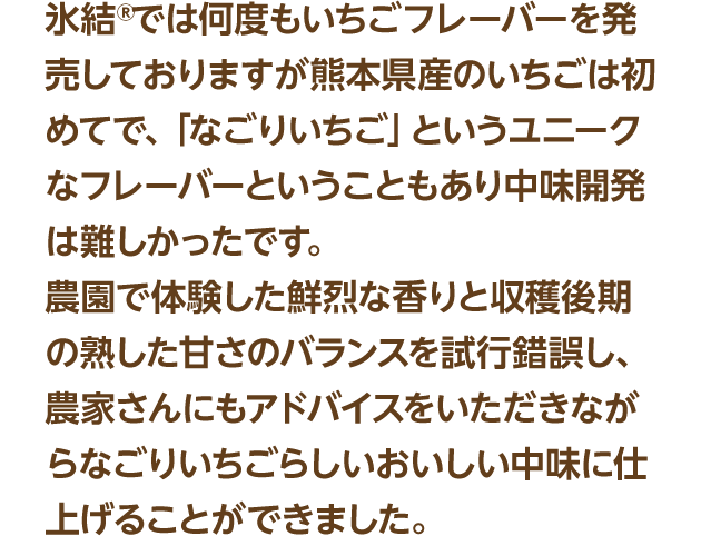 氷結®では何度もいちごフレーバーを発売しておりますが熊本県産のいちごは初めてで、「なごりいちご」というユニークなフレーバーということもあり中味開発は難しかったです。農園で体験した鮮烈な香りと収穫後期の熟した甘さのバランスを試行錯誤し、農家さんにもアドバイスをいただきながらなごりいちごらしいおいしい中味に仕上げることができました。
