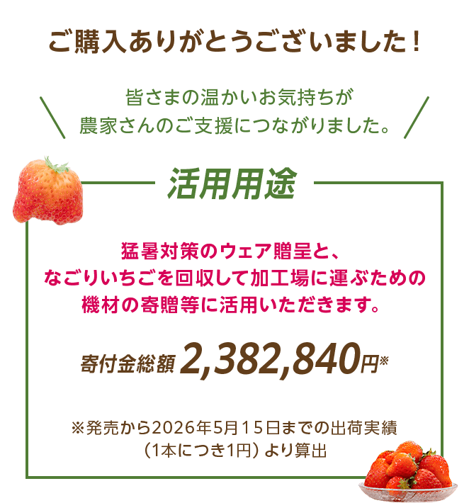 ご購入ありがとうございました！ 皆さまの温かいお気持ちが農家さんのご支援につながりました。 活用用途 猛暑対策のウェア贈呈と、なごりいちごを回収して加工場に運ぶための機材の寄贈等に活用いただきます。 寄付金総額2,382,840円※ ※発売から2026年5月15日までの出荷実績（1本につき1円）より算出 