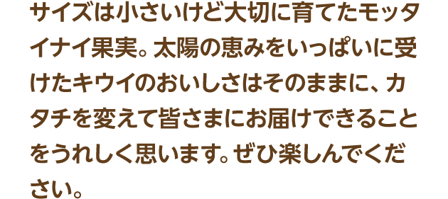 サイズは小さいけど大切に育てたモッタイナイ果実。太陽の恵みをいっぱいに受けたキウイのおいしさはそのままに、カタチを変えて皆さまにお届けできることをうれしく思います。ぜひ楽しんでください。