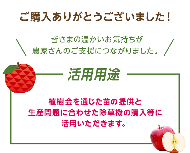 ご購入ありがとうございました！ 皆さまの温かいお気持ちが農家さんのご支援につながりました。 活用用途 植樹会を通じた苗の提供と生産問題に合わせた除草機の購入等に活用いただきます。