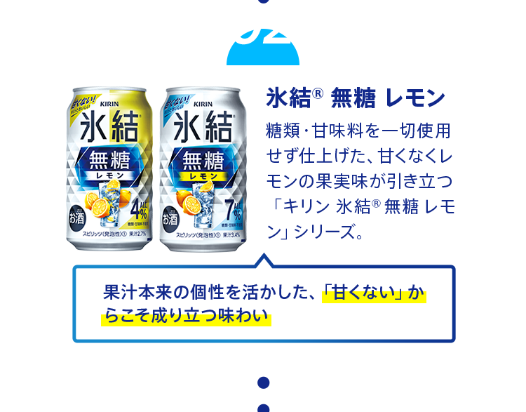 2021年 氷結®︎無糖 レモン 糖類・甘味料を一切使用せず仕上げた、甘くなくレモンの果実味が引き立つ「キリン 氷結®無糖 レモン」シリーズ。 果汁本来の個性を活かした、「甘くない」からこそ成り立つ味わい 2020