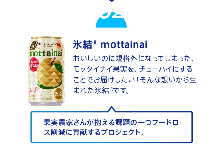 氷結®mottainai おいしいのに規格外になってしまった、モッタイナイ果実を、チューハイにすることでお届けしたい！そんな想いから生まれた氷結®です。 果実農家さんが抱える課題の一つフードロス削減に貢献するプロジェクト。