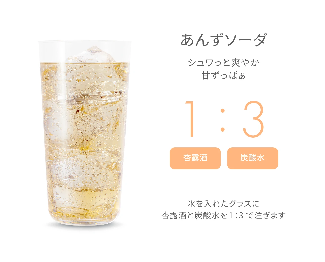 あんずソーダ　シュワっと爽やか甘ずっぱぁ　氷を入れたグラスに杏露酒と炭酸水を1:3で注ぎます