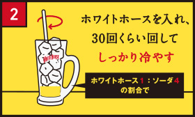 2 ホワイトホース入れ、30回くらい回してしっかり冷やす ホワイトホース1：ソーダ4の割合で