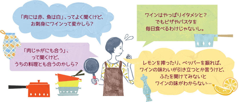 「肉には赤、魚は白」、ってよく聞くけど、お刺身にワインて変かしら？「肉じゃがにも合う」、って聞くけど、うちの料理とも合うのかしら？ワインはやっぱりイタメシと？でもピザやパスタを毎日食べるわけじゃないし。レモンを搾ったり、ペッパーを振れば、ワインの味わいが引き立つとか言うけど、ふたを開けてみないとワインの味がわからない...