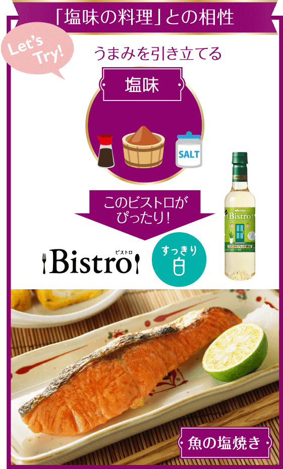 「塩味の料理」との相性 うまみを引き立てる このビストロがぴったり！ Bistroすっきり白 魚の塩焼き