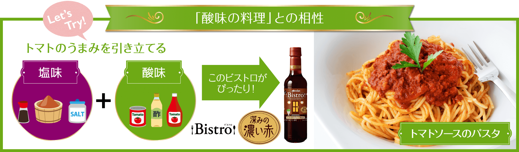 「酸味の料理」との相性 トマトのうまみを引き立てる 塩味＋酸味 このビストロがぴったり！ Bistro深みの濃い赤 トマトソースのパスタ