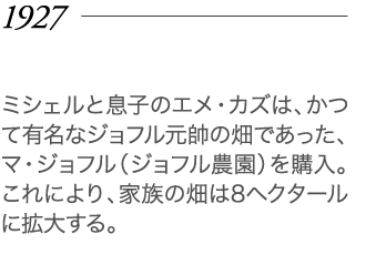 1927年 ミシェルと息子のエメ・カズは、かつて有名なジョフル元帥の畑であった、マ・ジョフル（ジョフル農園）を購入。これにより、家族の畑は8ヘクタールに拡大する。