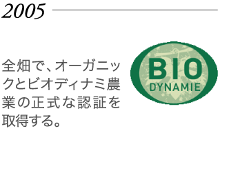 2005年 カズ独自のビオディナミのロゴの使用開始。レストラン“ラ・ターブル・デメ”のオープン。