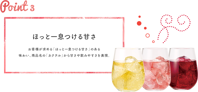 Point 3 ほっと⼀息つける⽢さ お客様が求める「ほっと⼀息つける⽢さ」のある味わい、商品名の「カクテル」から⽢さや飲みやすさを表現。