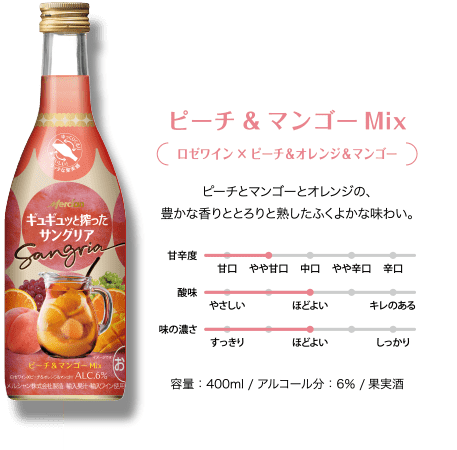 ピーチ&マンゴーMix（ロゼワイン×ピーチ&オレンジ&マンゴー）ピーチとマンゴーとオレンジの、豊かな香りととろりと熟したふくよかな味わい。甘辛度：やや甘口 酸味：ほどよい 味の濃さ：ほどよい 容量：400ml / アルコール分：6％ /果実酒