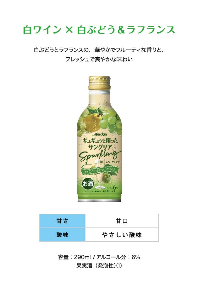 白ワイン×ラフランス&白ぶどう 白ぶどうとラフランスの、華やかでフルーティな香りと、フレッシュで爽やかな味わい 甘さ：甘口 酸味：やさしい酸味 容量：290ml /アルコール分：6％ 果実酒（発泡性）①