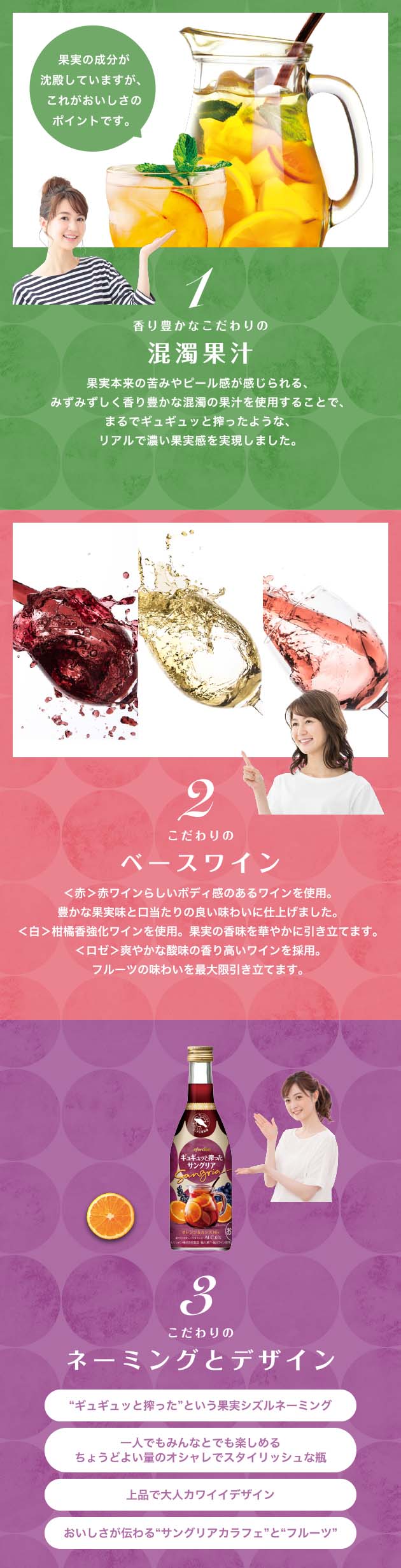 手絞り感 １：香り豊かなこだわりの混濁果汁 果実本来の苦みやピール感が感じられる、みずみずしく香り豊かな混濁の果汁を使用することで、まるでギュギュッと搾ったような、リアルで濃い果実感を実現しました。 ２：こだわりの ベースワイン＜赤＞赤ワインらしいボディ感のあるワインを使用。豊かな果実味と口当たりの良い味わいに仕上げました。＜白＞柑橘香強化ワインを使用。果実の香味を華やかに引き立てます。＜ロゼ＞爽やかな酸味の香り高いワインを採用。フルーツの味わいを最大限引き立てます。３：こだわりのネーミングとデザイン “ギュギュッと搾った”という果実シズルネーミング、一人でもみんなとでも楽しめるちょうどよい量のオシャレでスタイリッシュな瓶、上品で大人カワイイデザイン、おいしさが伝わる“サングリアカラフェ”と“フルーツ”