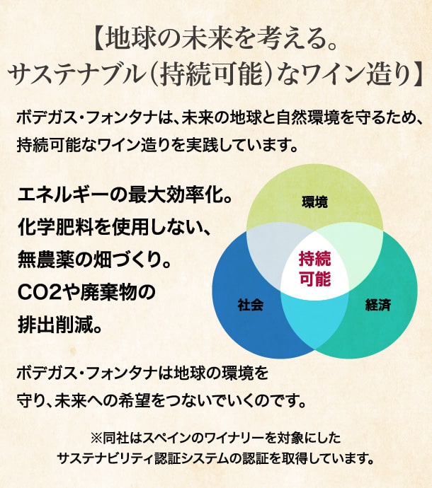 【地球の未来を考える。サステナブルなワインづくり】ボデガス・フォンタナは、未来の地球と自然環境を守るため、持続可能なワイン造りを実践しています。ボデガス・フォンタナは地球の環境を守り、未来への希望をつないでいくのです。