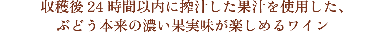 収穫後24時間以内に搾汁した果汁を使用した、ぶどう本来の濃い果実味が楽しめるワイン