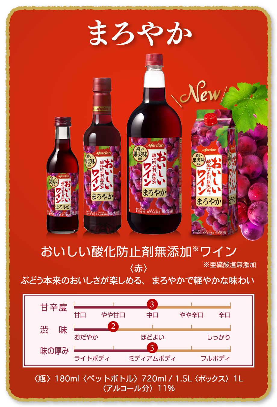 まろやか おいしい酸化防止剤※無添加赤ワイン ※亜硫酸塩無添加 〈赤〉ぶどう本来のおいしさが楽しめる、まろやかで軽やかな味わい 〈瓶〉180ml〈ペットボトル〉720ml / 1.5L 〈ボックス〉1L 〈アルコール分〉11%