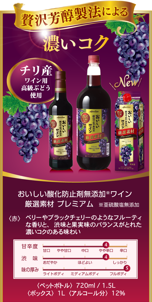 チリ産ワイン用高級ぶどう使用 おいしい酸化防止剤※無添加赤ワイン 厳選素材プレミアム ※亜硫酸塩無添加