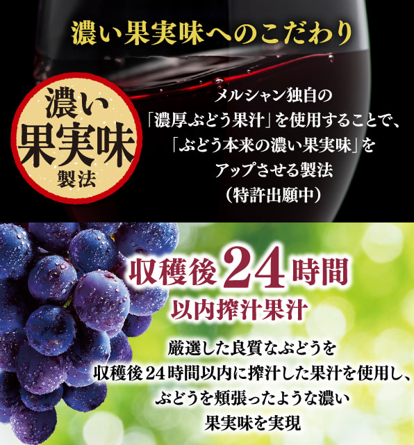 濃い果実味へのこだわり 濃い果実味製法 メルシャン独自の「濃厚ぶどう果汁」を使用することで、「ぶどう本来の濃い果実味」をアップさせる製法（特許出願中） 収穫後24時間以内搾汁果汁 厳選した良質なぶどうを収穫後24時間以内に搾汁した果汁を使用し、ぶどうを頬張ったような濃い果実味を実現