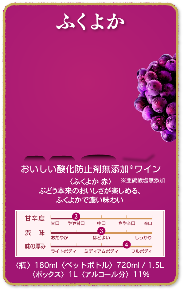 ふくよか おいしい酸化防止剤※無添加赤ワイン ふくよか赤 ※亜硫酸塩無添加 〈ふくよか 赤〉ぶどう本来のおいしさが楽しめる、ふくよかで濃い味わい 〈瓶〉180ml〈ペットボトル〉720ml / 1.5L 〈ボックス〉1L 〈アルコール分〉11%
