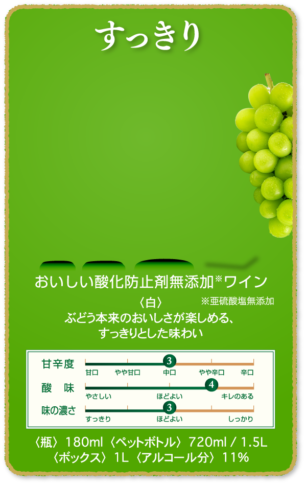 すっきり おいしい酸化防止剤※無添加白ワイン ※亜硫酸塩無添加 〈白〉ぶどう本来のおいしさが楽しめる、すっきりとした味わい 〈瓶〉180ml〈ペットボトル〉720ml / 1.5L 〈ボックス〉1L 〈アルコール分〉11%