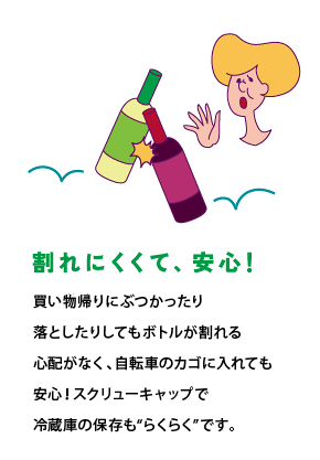 割れにくくて、安心！　買い物帰りにぶつかったり落としたりしてもボトルが割れる心配がなく、自転車のカゴに入れても安心！スクリューキャップで冷蔵庫の保存も“らくらく”です。