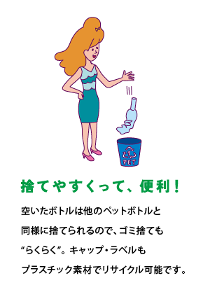 捨てやすくって、便利！　空いたボトルは他のペットボトルと同様に捨てられるので、ゴミ捨ても“らくらく”。キャップ・ラベルもプラスチック素材でリサイクル可能です。