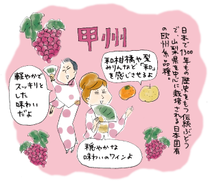 日本で1300年もの歴史をもつ伝統ぶどうで、山梨県を中心に栽培される日本固有の欧州系品種。和柑橘や梨、みりんなど「和」を感じさせるよ。穏やかな味わいのワインよ。軽やかでスッキリとした味わいだよ