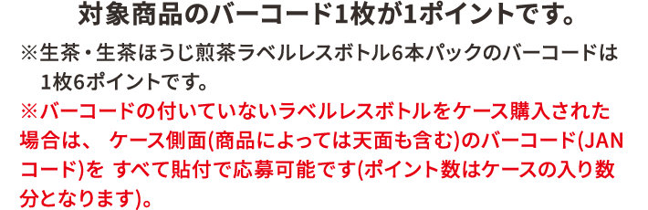 対象商品のバーコード1枚が1ポイントです。※生茶・生茶ほうじ煎茶ラベルレスボトル6本パックのバーコードは1枚6ポイントです。※バーコードの付いていないラベルレスボトルをケース購入された場合は、ケース側面(商品によっては天面も含む)のバーコード(JANコード)をすべて貼付で応募可能です(ポイント数はケースの入り数分となります)。