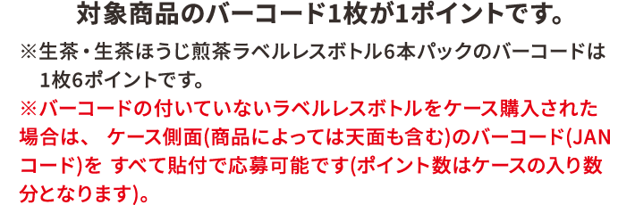 バーコードの付いていないラベルレスボトルをケース購入された場合は、ケース側面4ヶ所のバーコード（JANコード）を4枚貼付で応募可能です（4枚で9ポイントまたは4枚で24ポイント）。