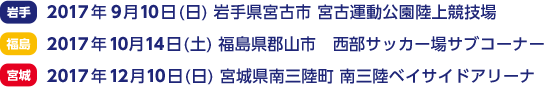 岩手 2018年9月29日(土) 岩手県大船渡市大船渡赤崎グラウンド 宮城 2018年11月23日(金・祝) 宮城県利府町ひとめぼれスタジアム宮城 福島 2018年12月24日(月・祝) 福島県楢葉町J-ヴィレッジ