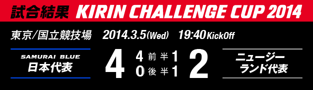 試合結果　KIRIN CHALLENGE CUP 2014　東京/国立競技場　2014年3月5日（水曜日）　日本代表 対 ニュージーランド代表　4：2