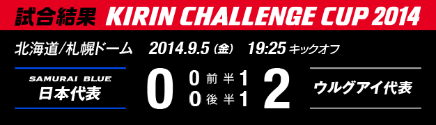 試合結果 KIRIN CHALLENGE CUP 2014 北海道/札幌ドーム 2014年9月5日(金曜日) 日本代表 対 ウルグアイ代表 0:2