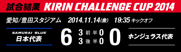 試合結果 KIRIN CHALLENGE CUP 2014 愛知/豊田スタジアム 11月14日(金曜日) 日本代表 対 ホンジュラス代表 6:0