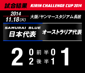 試合結果 KIRIN CHALLENGE CUP 2014 大阪/ヤンマースタジアム長居 11月18日(火曜日) 日本代表 対 オーストラリア代表 2:1