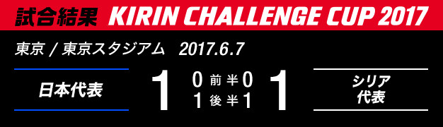 試合結果　KIRIN CHALLENGE CUP 2017　東京/東京スタジアム　2017年6月7日　日本代表 対 シリア代表　1：1