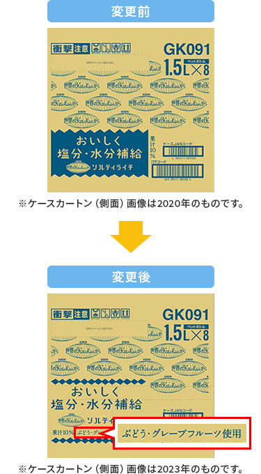 「世界のKitchenから ソルティライチ」にグレープフルーツが含まれていることが、箱からもわかるようになりました。