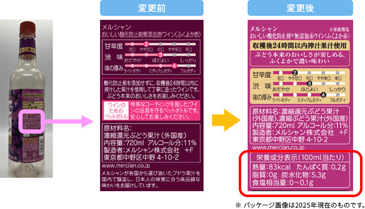 「おいしい酸化防止剤無添加ワイン」720mlペットボトルのラベルに栄養成分を表示しました。