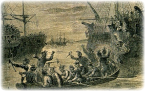 ボストンの海へ茶箱を落とすアメリカ人