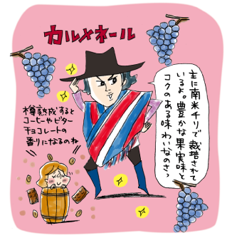 主に南米チリで栽培されているよ。豊かな果実味とコクのある味わいなのさっ。樽熟成するとコーヒーやビターチョコレートの香りになるのね