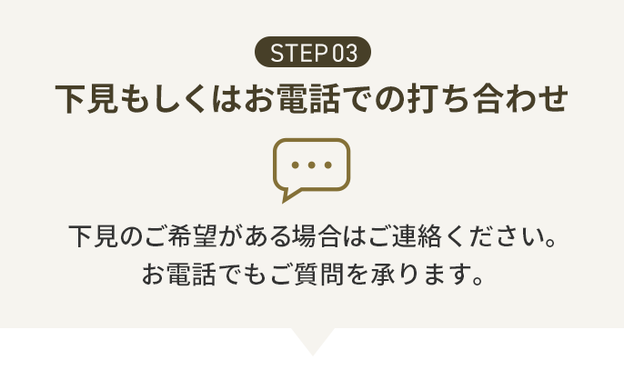 STEP03 下見もしくはお電話での打ち合わせ 下見のご希望がある場合はご連絡ください。お電話でもご質問を承ります。